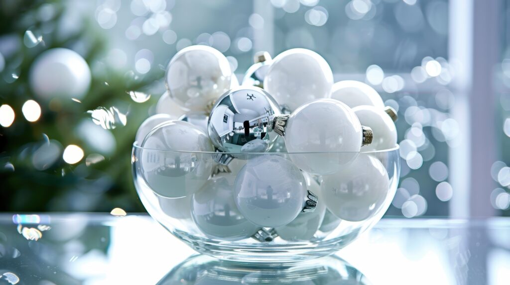 idée de décoration pour la table de Noël : un vase de boules de Noël
